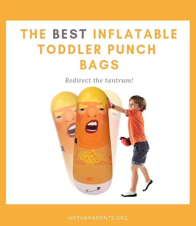child punching an inflatable donald trump