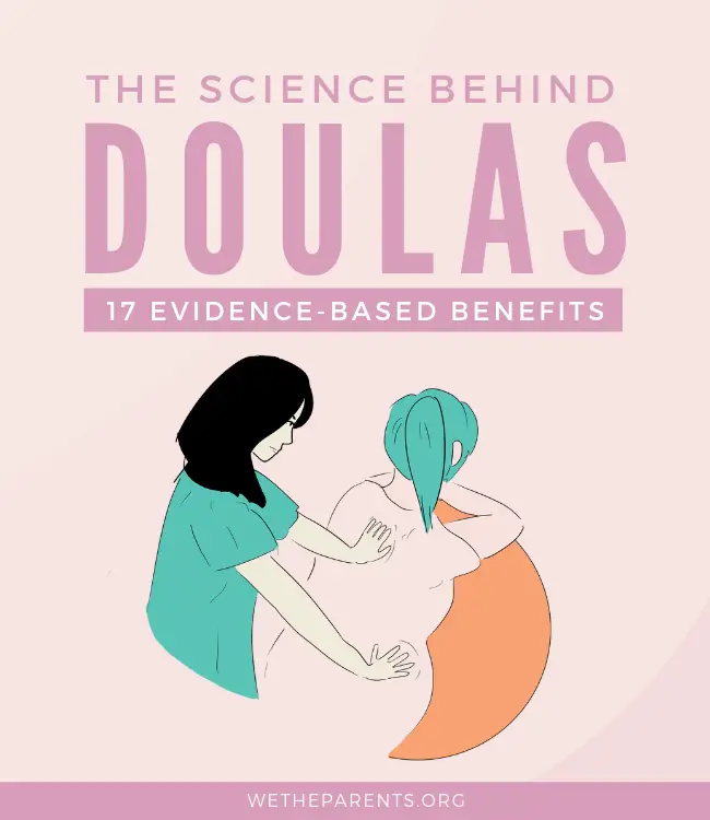 Illustration of doula stroking the back of a woman in labor.