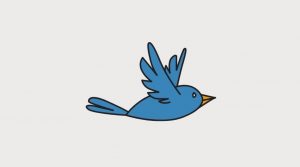 Cartoon drawing of a blue bird in flight