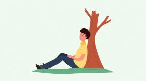 Cartoon drawing of a boy sitting alone under a tree