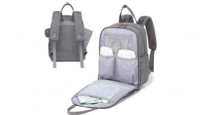 Picture of the front and back of a diaper bag - front pic shows bag open