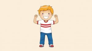 Cartoon picture of a smiling young boy with his arms up