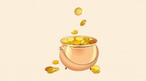 Cartoon drawing of a pot of gold coins